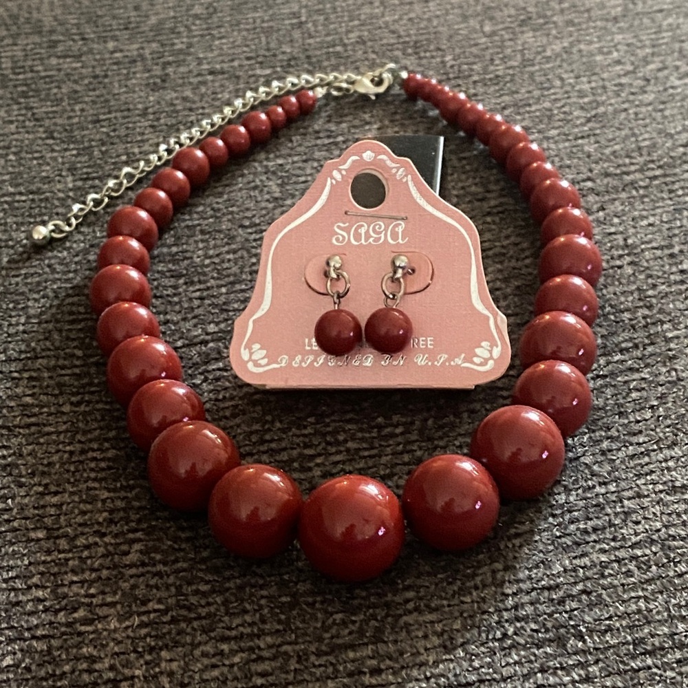 Red Beaded Necklace and Earrings Set